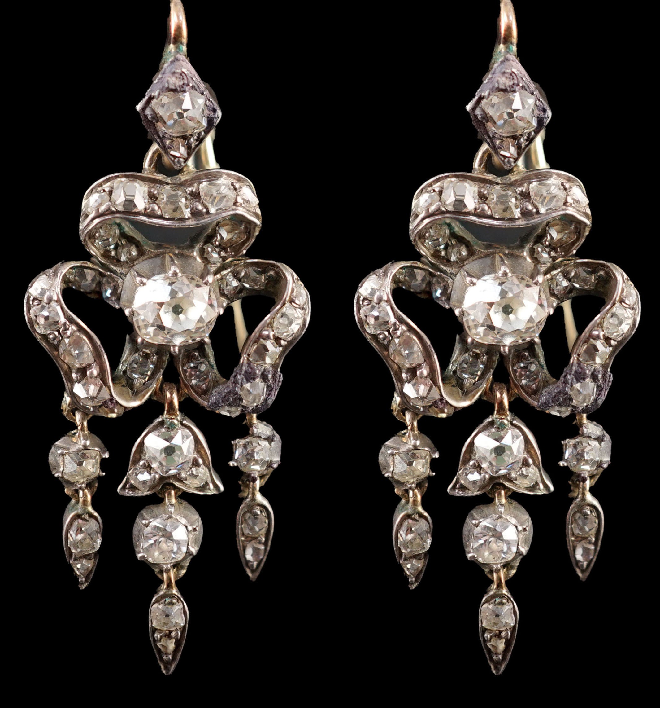 A pair of 19th century gold, silver and old cut diamond set drop earrings